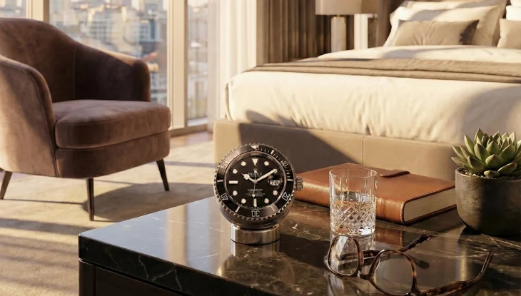 Rolex Submariner Date masa saati yatak odası dekorasyonunda gösteriliyor; siyah kadran, paslanmaz çelik kasa ve zarif ofis/dekoratif aksesuar estetiği.