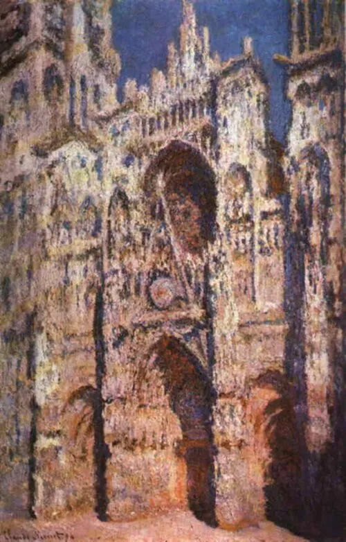 Claude Monet'nin 1894 tarihli, belirgin fırça darbeleriyle işlenmiş empresyonist tablosu, yoğun mavi bir gökyüzü altında, kahverengi ve krem tonlarındaki taş işçiliğinin ışık ve gölgeyle vurgulandığı Rouen Katedrali'nin görkemli Gotik cephesini detaylıca resmediyor.