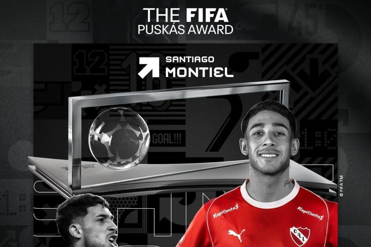 FIFA Ödül Töreni'nde Santiago Montiel'in 2025 Puskas Ödülü'nü kazandığını gösteren çalışma.