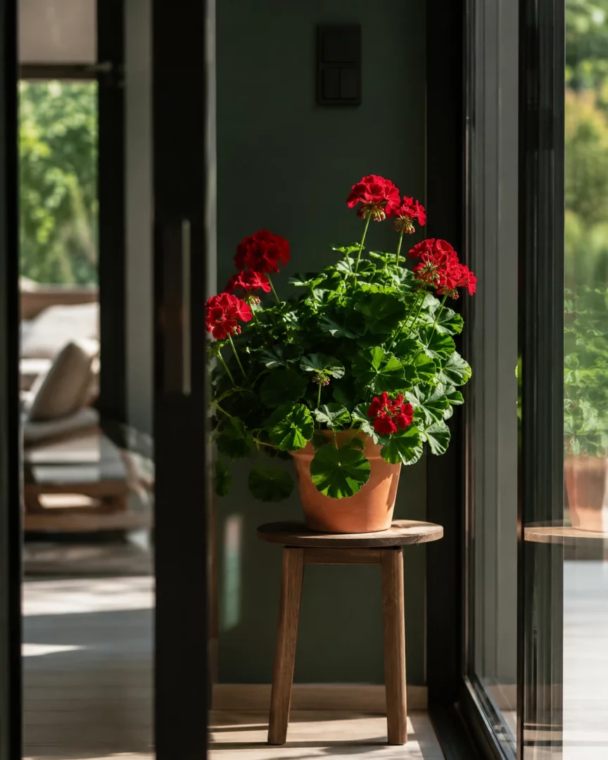 Güneş ışığıyla aydınlanan modern bir yaşam alanında, koyu yeşil duvarın önündeki ahşap tabure üzerinde, terracotta saksıdaki gür kırmızı sardunya çiçeği, yemyeşil yapraklarıyla ve dışarı açılan cam kapının yansımasıyla huzurlu bir görünüm sunuyor, iç mekanda bitki bakımı için ideal bir örnek oluşturuyor.