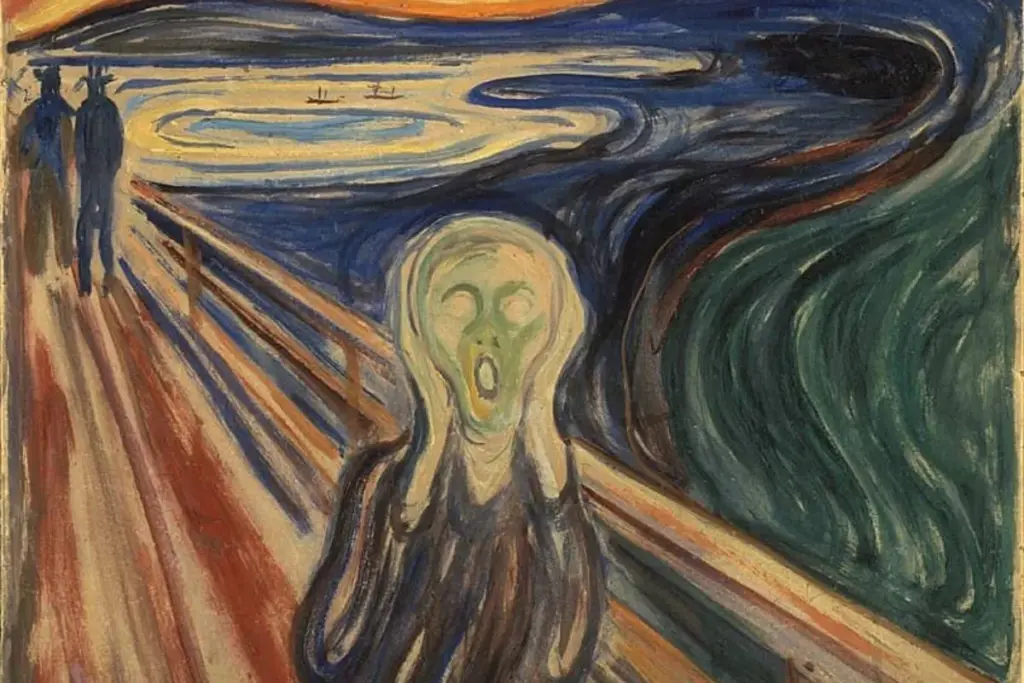 Edvard Munch'un 1893 tarihli ekspresyonist tablosu Çığlık, köprü üzerinde ellerini kulaklarına kapatmış, soluk yeşil renkli, dehşet içinde çığlık atan merkezi bir figürü ve arkasında dalgalı turuncu-mavi bir gökyüzüyle iki silueti gösteriyor.