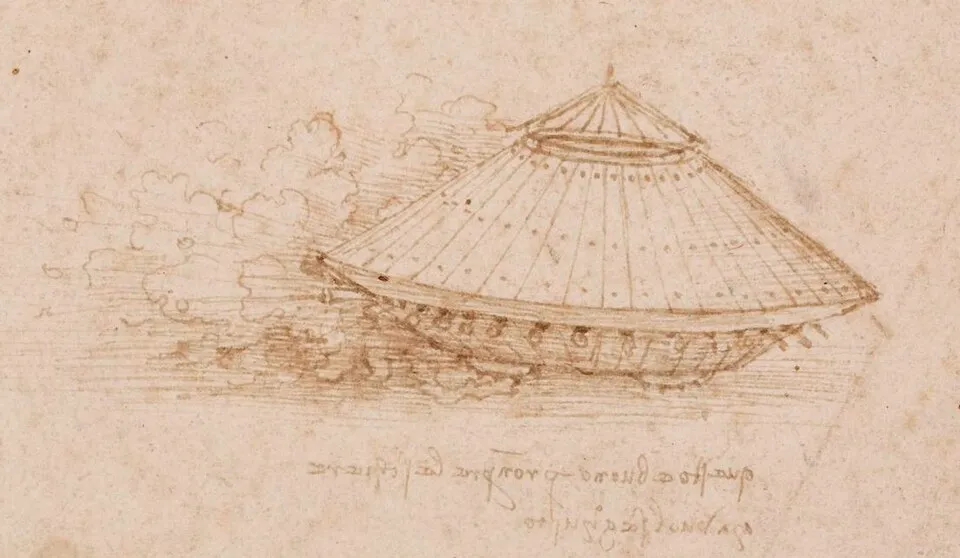 Bu detaylı çizimde, Leonardo Da Vinci'nin icatlarından biri olan, konik kubbeli ve zırhlı bir savaş aracının tasarımı, eski bir kağıt üzerinde kahverengi mürekkeple ustaca resmedilmiş olup, etrafındaki buhar benzeri çizgilerle hareket algısı yaratılmıştır.