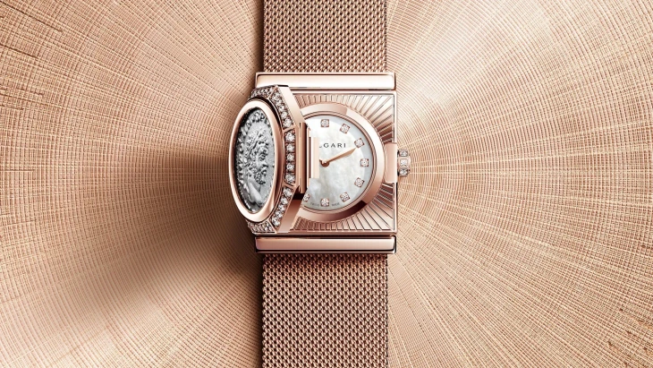 Pırlantalı pembe rose altın Bulgari Maglia Milanese Monete Secret Watch gizli saat lüks kadın kol saati