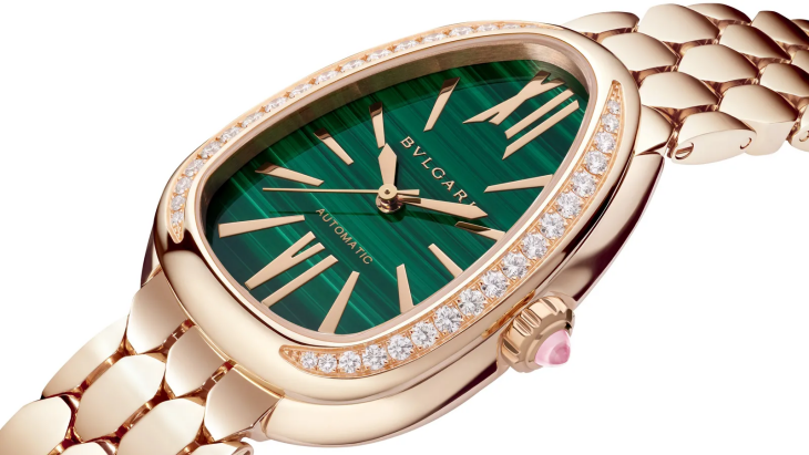 Bulgari Serpenti rose altın yeşil kadran pırlanta bezel kadın kol saati