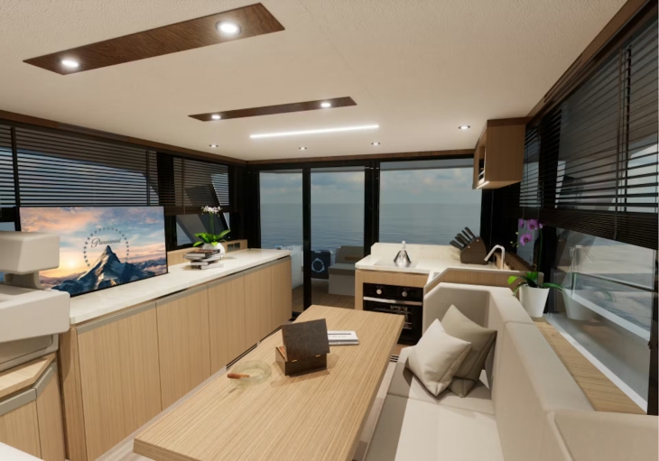 Greenline 42 çevreci tekne modeli ahşap iç mekan tasarımı, salon, mutfak