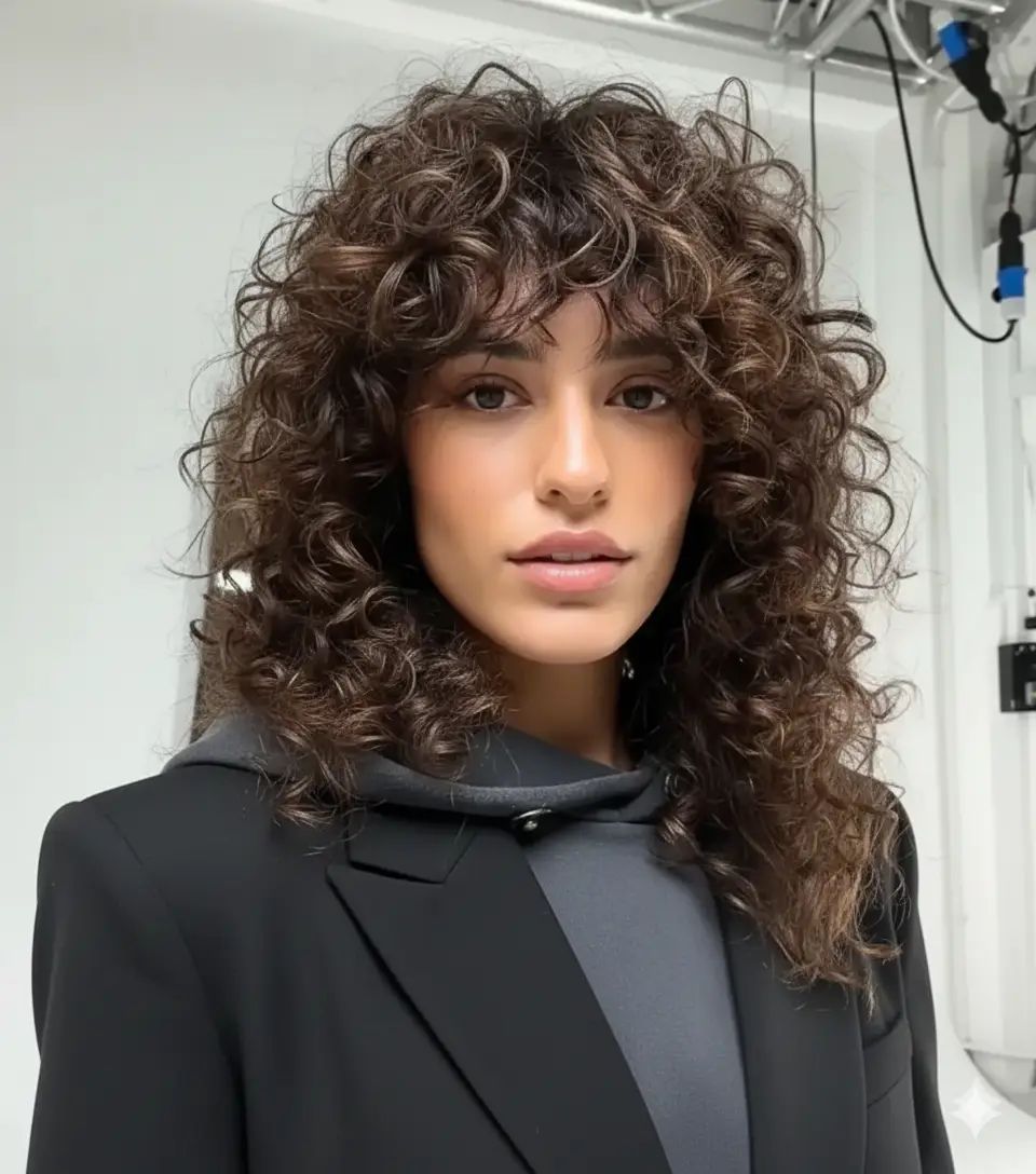 Kadınlar için kıvırcık mullet saç kesiminin bir örneği