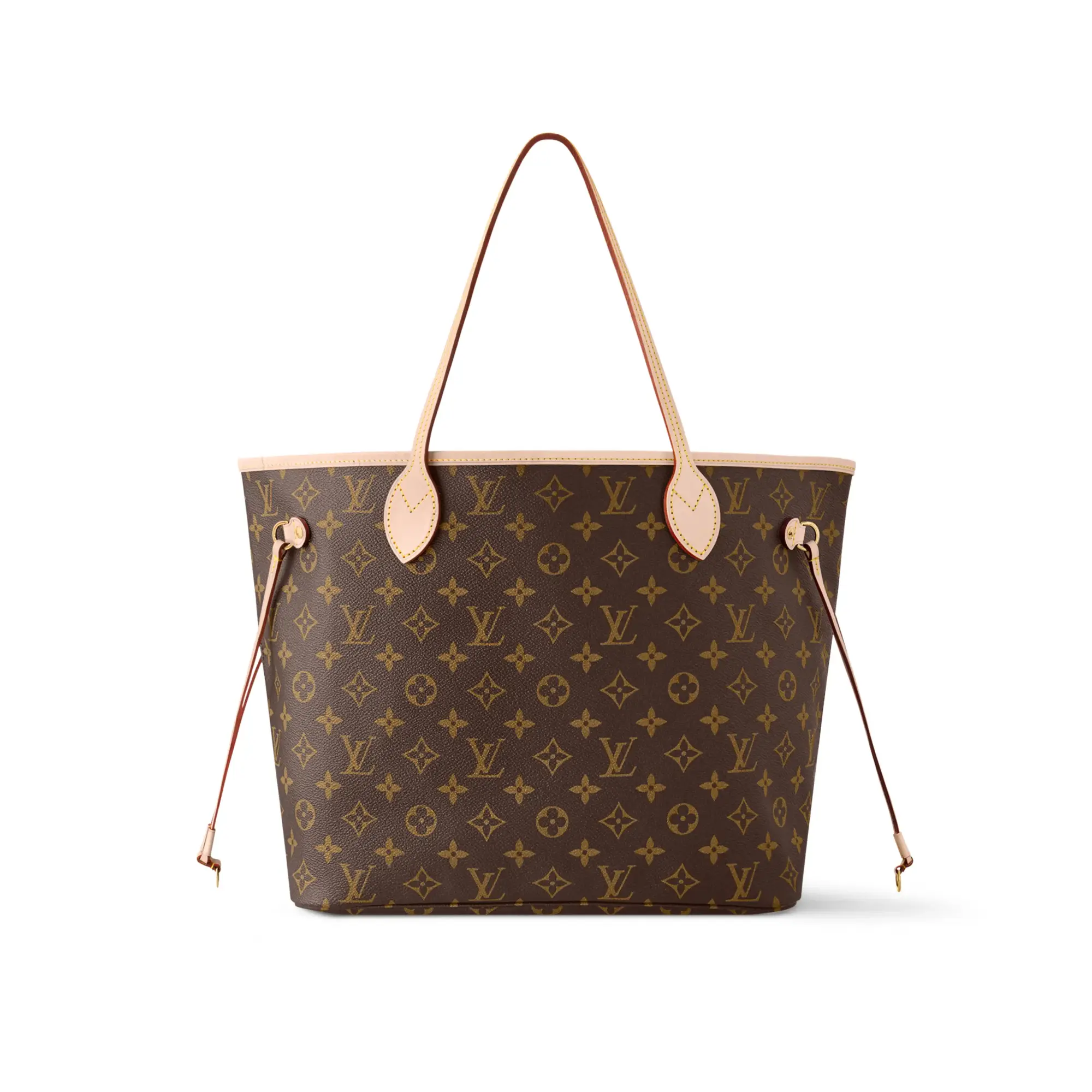 Beyaz bir zeminde sergilenen, Georges Vuitton'un 1896'da yarattığı ve Louis Vuitton Monogram'ının 130 yıllık hikayesini yansıtan kahverengi kanvas üzerine ikonik desenle işlenmiş, açık renkli deri saplara ve yan bağcıklara sahip Neverfull MM çantası.