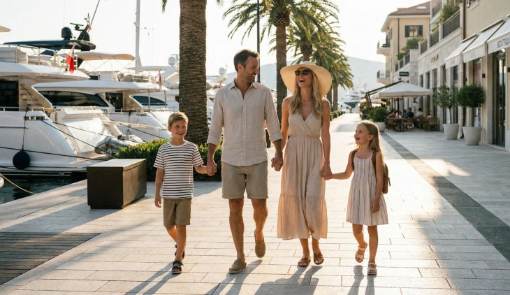 Lüks bir marinada yürüyüş yapan 4 kişilik bir aile, yaz mevsimi, gündüz vakti