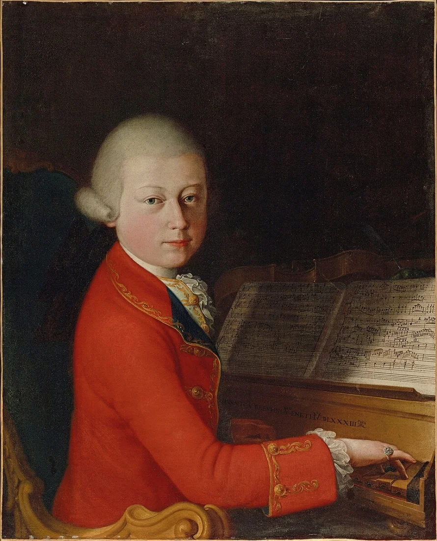 Mozart'ın çocukluk dönemini yansıtan, onu gösterişli saray kıyafetleri içinde, odanın merkezinde duran büyük bir müzik aletinin (genellikle harpsikord veya piyano) başında, dikkatle notaları okurken ya da çalarken betimleyen detaylı bir tablo.