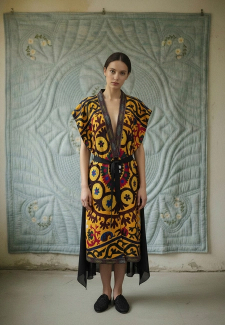 Model, sarı desenli kimono elbise ve siyah kuşak detayıyla çeyiz koleksiyonu tasarımını kapitone fon önünde tanıtıyor.