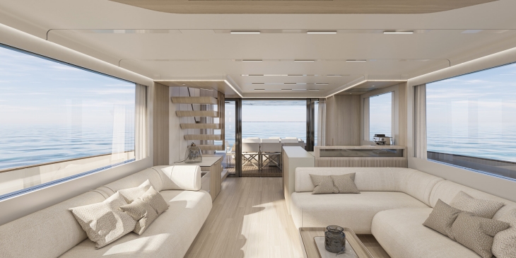 Solaris Power 70 İtalyan üretimi spor yat minimalist lüks iç mekan tasarımı, salon, yemek masası