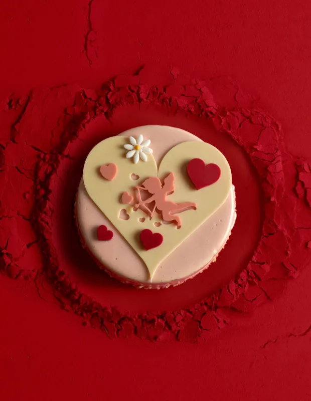 Vakko Çikolata imzalı, kalp ve cupid figürlü Sevgililer Günü temalı butik pasta.
