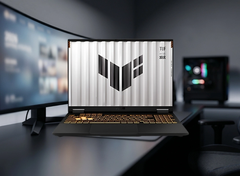 Siyah bir masada konumlanmış, amber renkli arkadan aydınlatmalı klavyesi ve ekranında TUF logosuyla ASUS TUF Gaming F16 FX608 gaming laptop modeli, bulanık arka planda kavisli bir monitör ve RGB aydınlatmalı bir masaüstü oyun bilgisayarının göründüğü modern bir oyun kurulumunu sergileyerek 2026'nın en iyi oyun bilgisayarları listesindeki yerini vurguluyor.