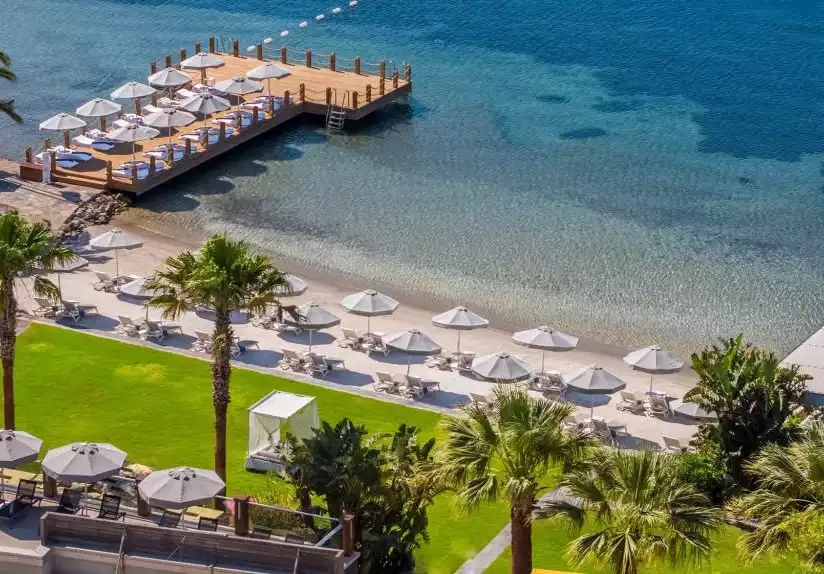 Berrak turkuaz sulara uzanan şemsiyeli ahşap iskelesi, uzun palmiye ağaçları ve yeşil çim alanıyla çevrili, lüks tatil atmosferini yansıtan kumlu plajda sıralanmış çok sayıda şezlongun kuşbakışı görüldüğü sakin ve göz alıcı bir Akdeniz sahili.