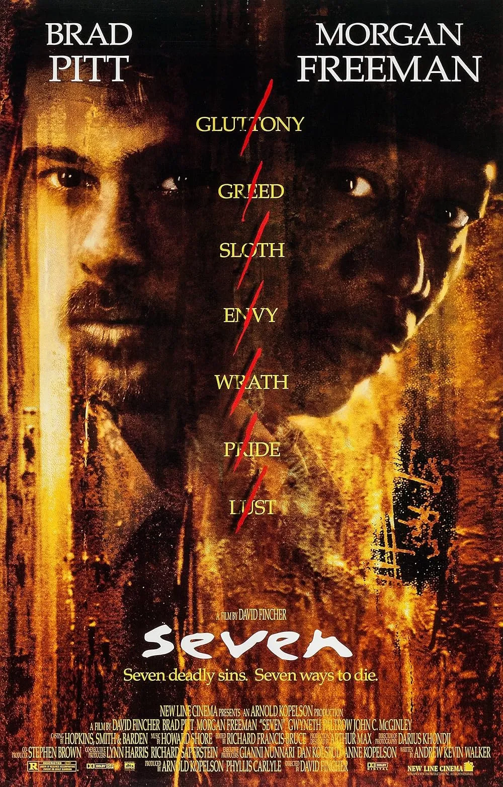 Dedektif Mills ve Somerset’in yüzleri karanlık ve sarı tonlu bir kompozisyonda yan yana, Se7en film afişi.
