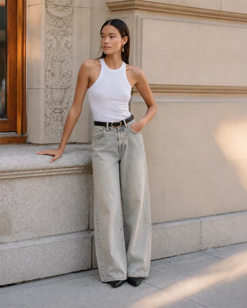 Açık renk wide leg jean giyen, beyaz askılı body ile kombinini siyah kemer ve siyah sivri burun ayakkabılarla tamamlamış, uzun koyu saçlı bir kadın, stil sahibi duruşuyla 2026 jean trendlerini yansıtırken vücut tipine göre jean seçimi rehberindeki modern ve rahat şıklığı gözler önüne seriyor.