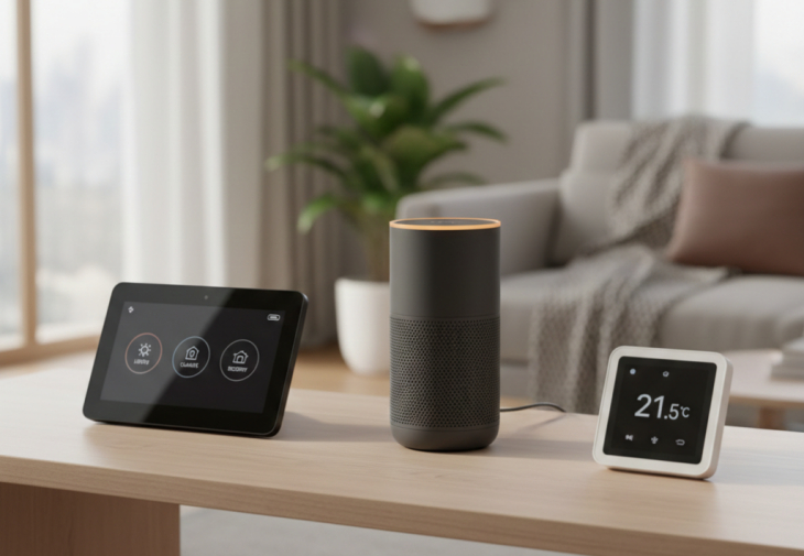 Akıllı ev cihazları, kontrol paneli, homepod akılı ev hoparlörü, dijital termometre