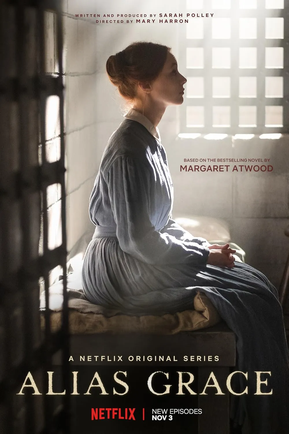 Alias Grace dizisi afişinde hücrede oturan Grace Marks karakteri yan profil portre