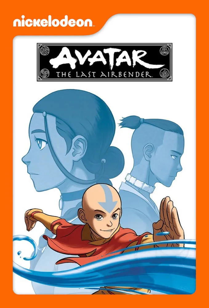 Aang önde su bükme hareketi yaparken arka planda Katara ve Zuko’nun siluetleri yer alıyor; üst bölümde Avatar: The Last Airbender logosu bulunuyor.