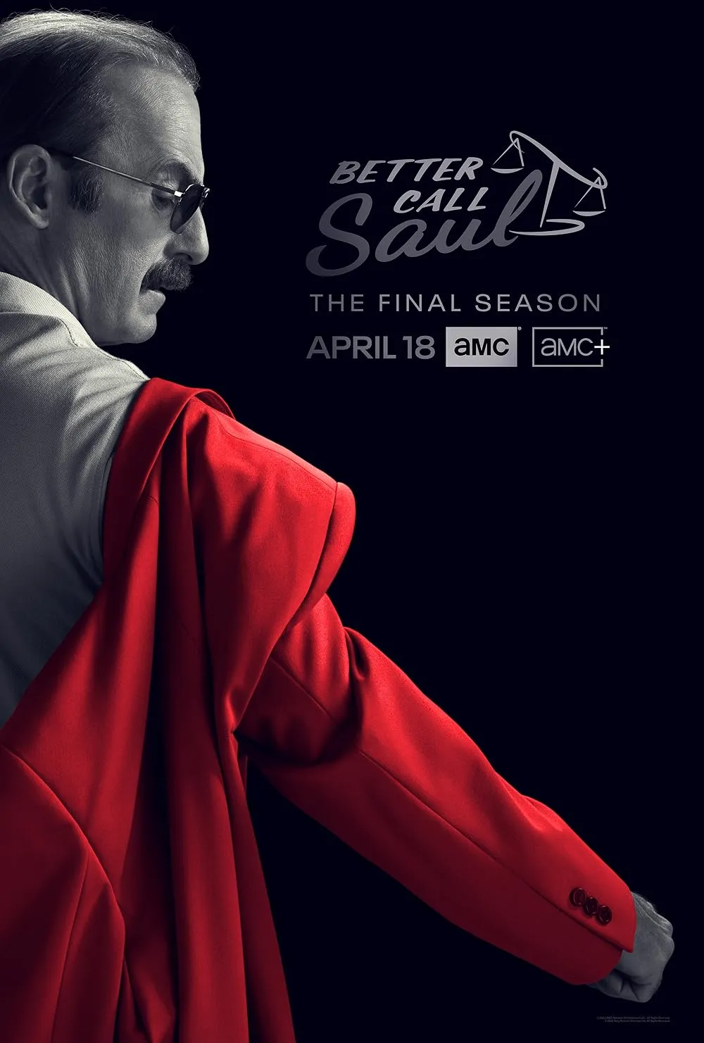 Jimmy McGill siyah arka plan önünde kırmızı ceketini omzuna alırken profilden görülüyor; görselde Better Call Saul final sezonu yazısı yer alıyor.