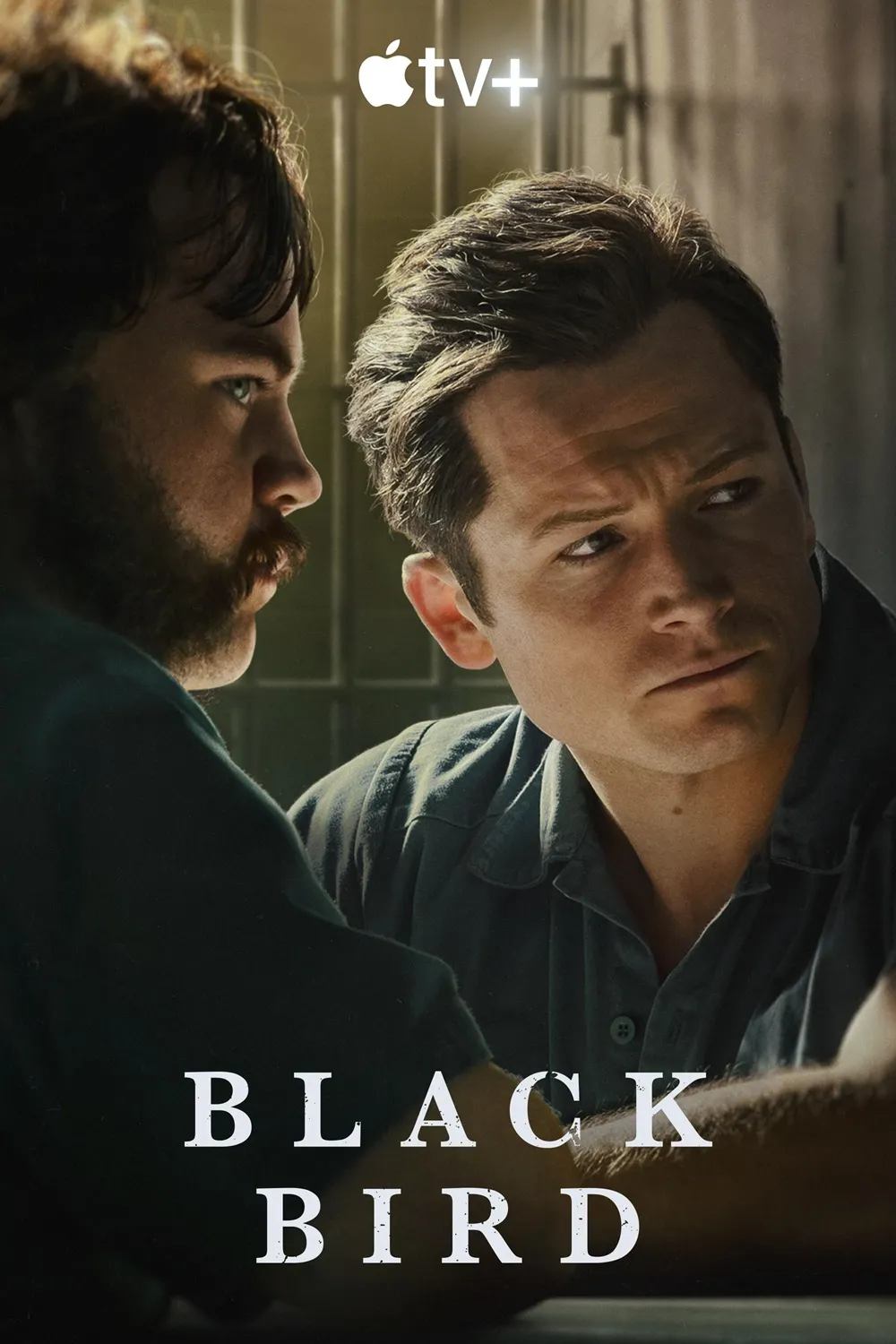 Black Bird dizisi afişinde Taron Egerton ve Paul Walter Hauser hapishane ortamında karşılıklı bakarken