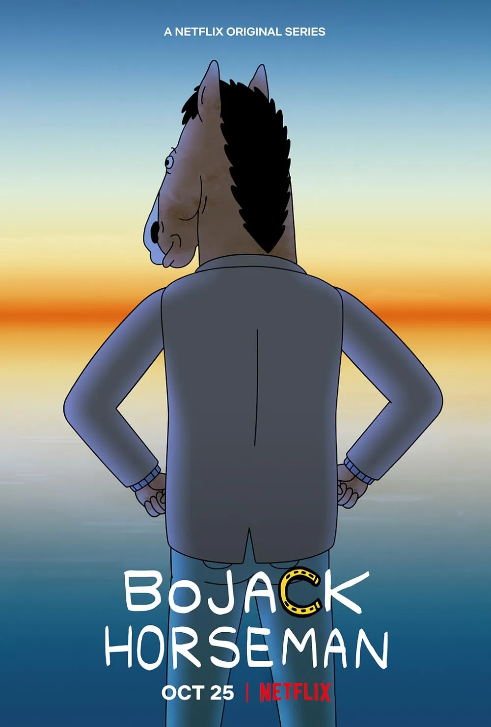 BoJack Horseman karakteri arkası dönük şekilde gün batımına bakarken animasyon tarzı afişte Netflix logosu yer alıyor.