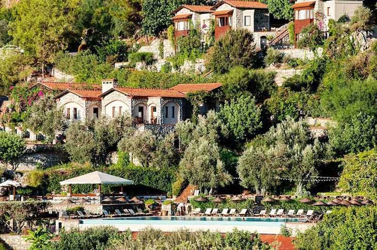 Muğla'daki Dionysos Hotel'in, yemyeşil zeytin ağaçları ve Akdeniz bitki örtüsüyle kaplı bir yamaçta, geleneksel taş mimarili binalarının ve önündeki şık, berrak yüzme havuzunun etrafındaki gölgelikli şezlongların huzur veren genel görünümü.