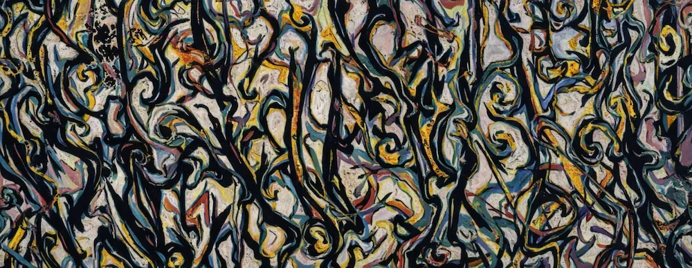 Enchanted Forest (1947), Jackson Pollock imzalı soyut ekspresyonist eser; yoğun siyah çizgiler ve sarı, kırmızı, mavi tonların katmanlı ve hareketli kompozisyonu.