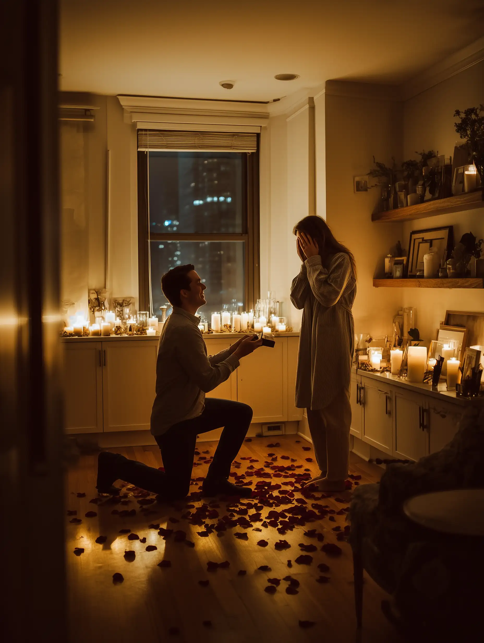 Evde mum ışıkları ve gül yapraklarıyla hazırlanan romantik ortamda diz çöken adamın evlilik teklifi yaptığı duygusal ve samimi an.