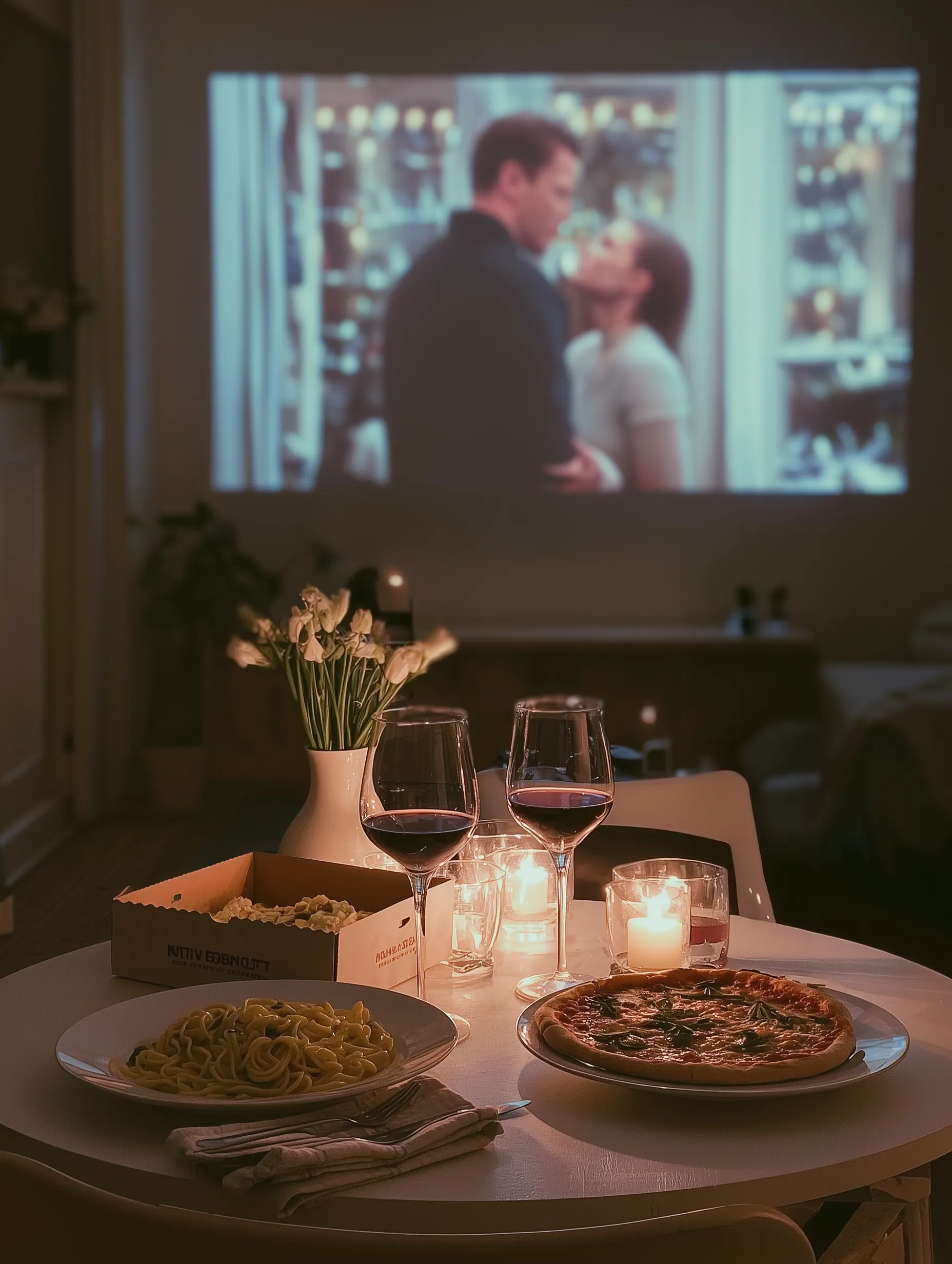 Projeksiyonda romantik film eşliğinde mum ışığında hazırlanmış akşam yemeği masası; film temalı evlilik teklifi için sinematik ve romantik atmosfer.
