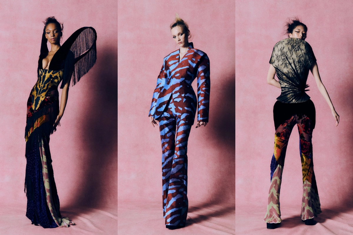 Harris Reed 2026 Sonbahar-Kış koleksiyonunda heykelsi omuz detayları, güçlü desenli tailoring takım ve dramatik couture formlarıyla avangart ve teatral siluetler.