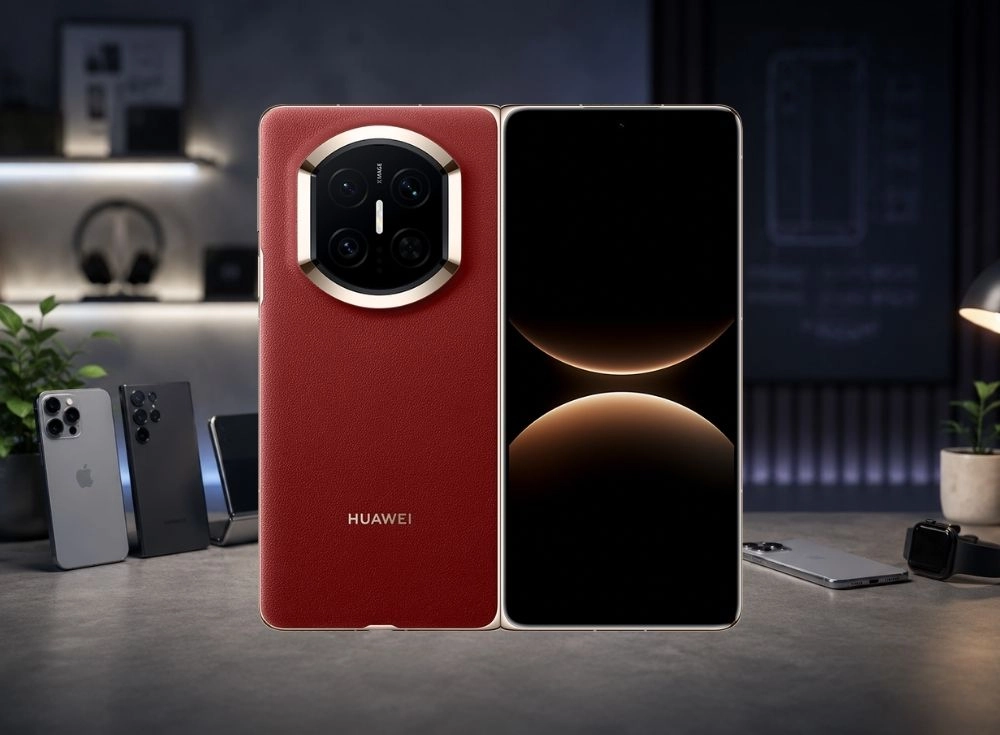Kırmızı deri kaplamalı ve altın detaylara sahip bir Huawei Mate X7 katlanabilir akıllı telefon, arka kamerası ve ekranı yarı açık şekilde sergileniyor; ekranda parlak altın rengi ışık efektleri varken, arka planda farklı akıllı telefon modelleri ve bir akıllı saat görülüyor.
