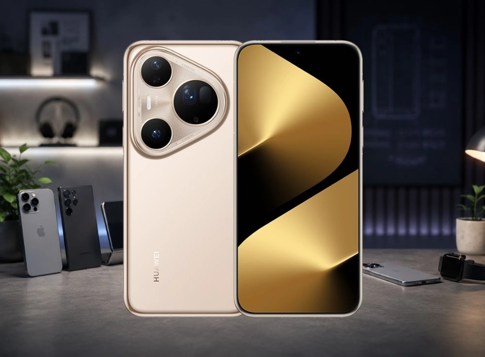Modern bir masa üzerinde, arka planında diğer akıllı telefonların ve bir akıllı saatin yer aldığı bir kompozisyonda, ön planda altın renkli Huawei Pura 80 Ultra akıllı telefonun özgün kamera modülüyle arka yüzü ve çarpıcı altın-siyah soyut desenli geniş OLED ekranı dikkat çekici bir şekilde sergileniyor.