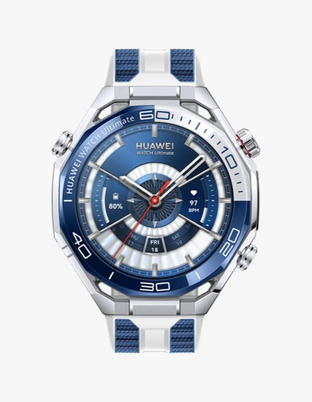 Huawei Watch Ultimate 2 akıllı saat; mavi kadranlı, çelik kasalı ve beyaz-mavi kayışlı premium smartwatch modeli.