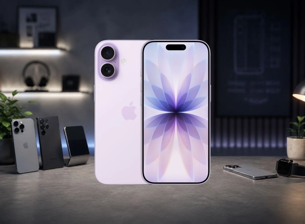 Arka planında gri bir iPhone, siyah bir Samsung ve katlanır bir telefonun bulunduğu masada, mor renkli amiral gemisi bir akıllı telefon, çift kameralı arka yüzü ve Dynamic Island tasarımlı parlak ön ekranıyla dikey konumda duruyor.