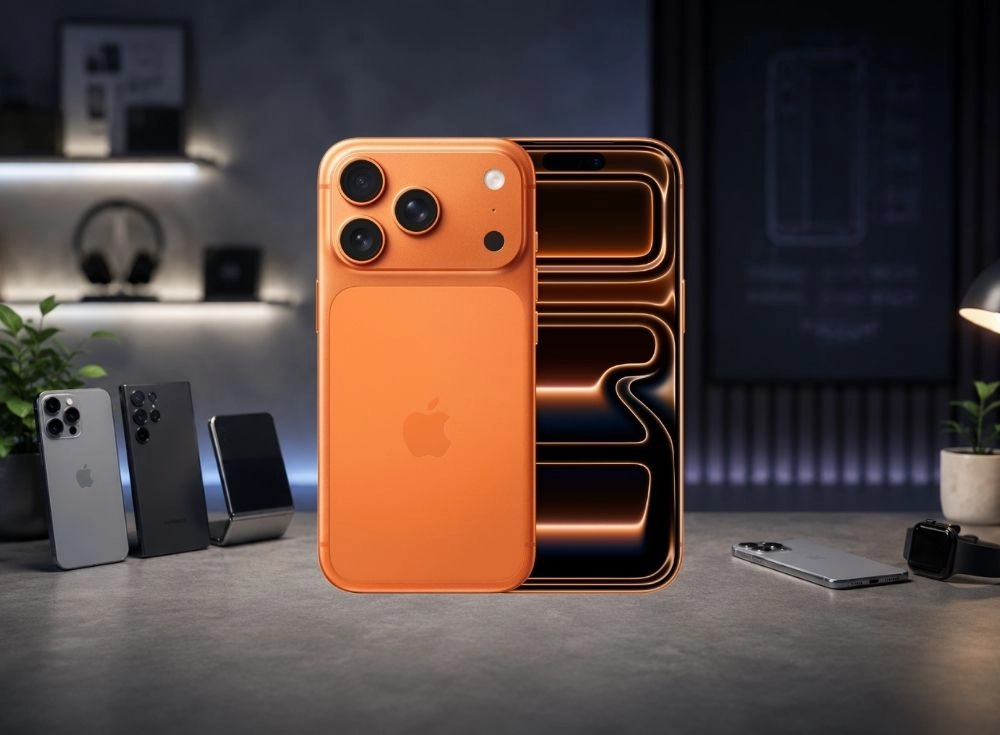 Ön planda dikkat çekici turuncu renkli bir iPhone 17 Pro konsept akıllı telefon, arkasındaki parlayan iç detaylara sahip bir başka cihazla birlikte modern bir masada duruyor; bu görsel, cihazın amiral gemisi özelliklerini, Super Retina XDR ekranını ve A19 Pro çipini vurguluyor, etrafında ise çeşitli diğer telefonlar ve akıllı aksesuarlar yer alıyor.