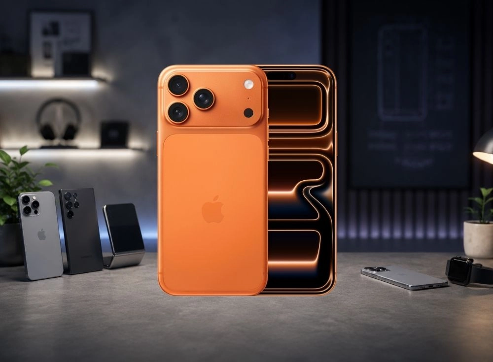 Turuncu renkli, üç kameralı büyük bir modüle sahip, Apple logosu görünen iPhone 17 Pro Max akıllı telefon, yarı saydam ekranında turuncu ışıklar yayan dahili bileşenleriyle arkasındaki bir telefonun önünde, masada diğer çeşitli amiral gemisi telefonlar ve bir Apple Watch ile birlikte sergileniyor.