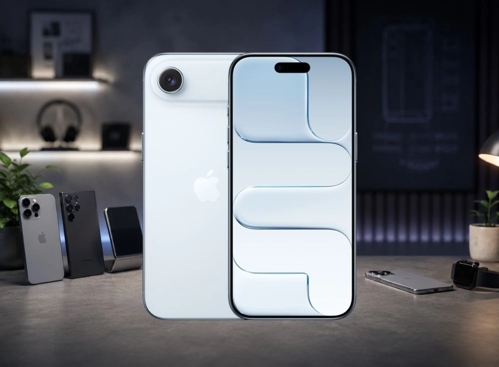 Modern bir masada, arkası beyaz renkte tek kameralı ve Apple logolu yeni bir iPhone modelinin yanında, ön ekranında dinamik ada benzeri kesikli ve soyut bir duvar kağıdı bulunan başka bir 6.6 inç Super Retina XDR OLED ekranlı amiral gemisi akıllı telefon sergileniyor.