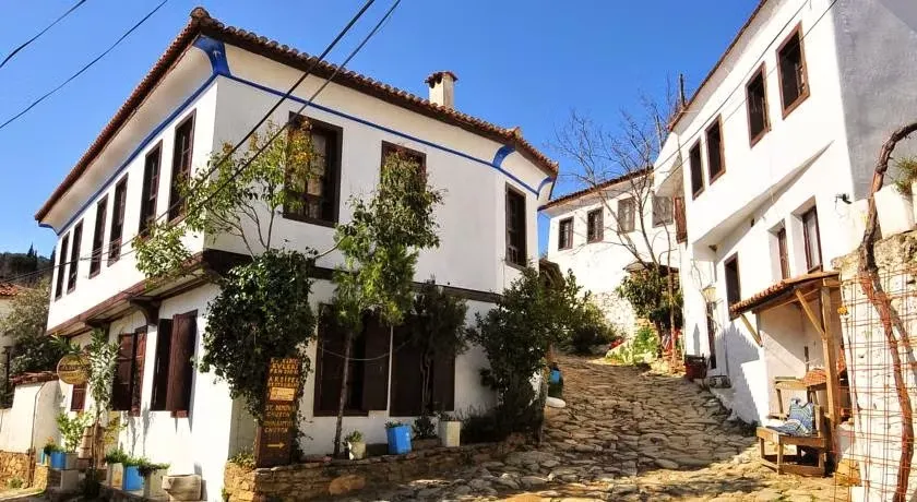 Şirince'nin tarihi dokusunu yansıtan, taş döşeli dar ve yokuşlu bir sokakta, Kırkınca Evleri olarak bilinen, beyaz badanalı, kahverengi ahşap pencereli ve kiremit çatılı geleneksel yapılar masmavi gökyüzünün altında güneşte parlıyor.