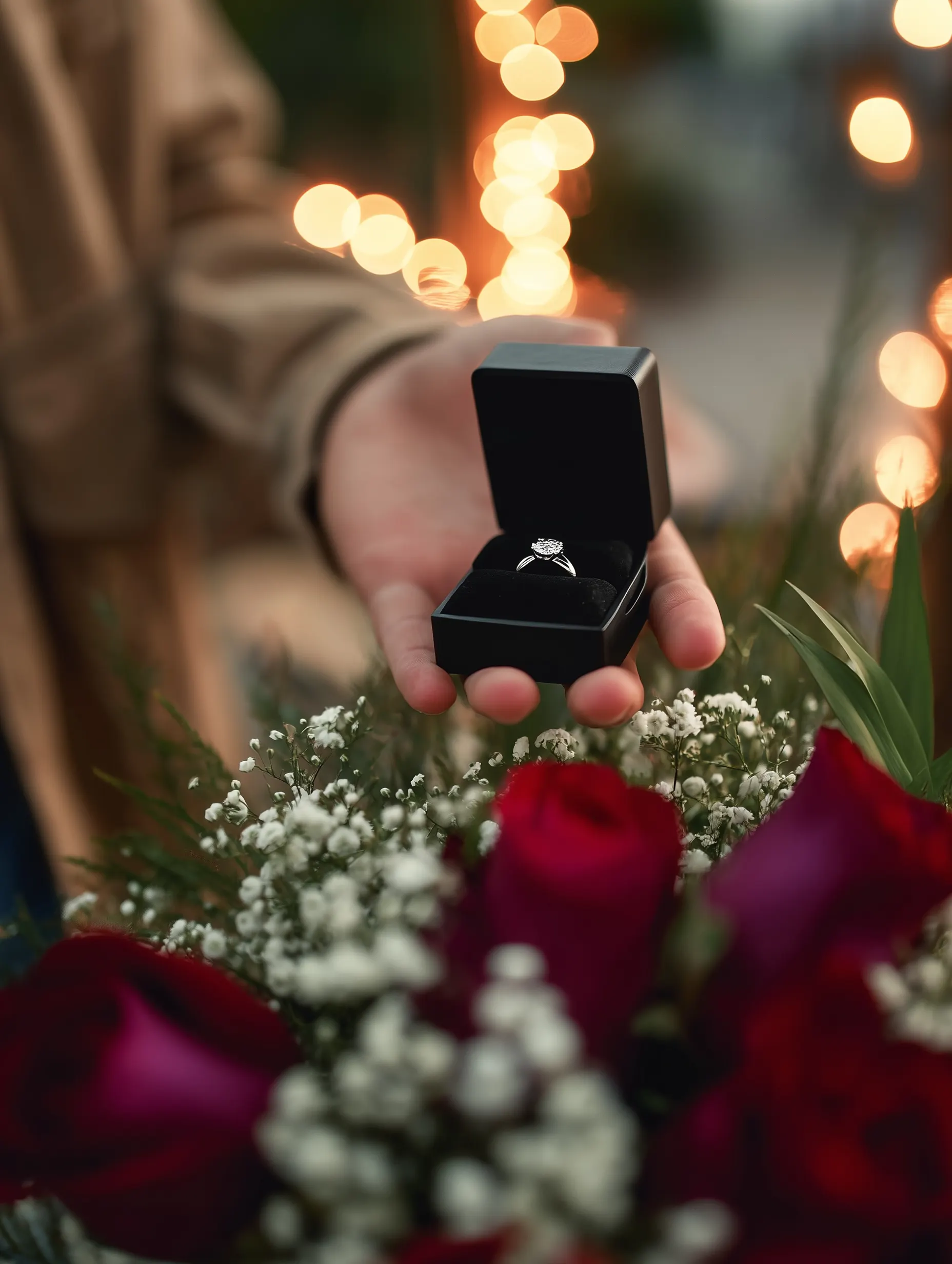 Kırmızı güller ve romantik ışıklar eşliğinde elde tutulan kutuda pırlanta yüzük; klasik ve zamansız evlilik teklifi anı.