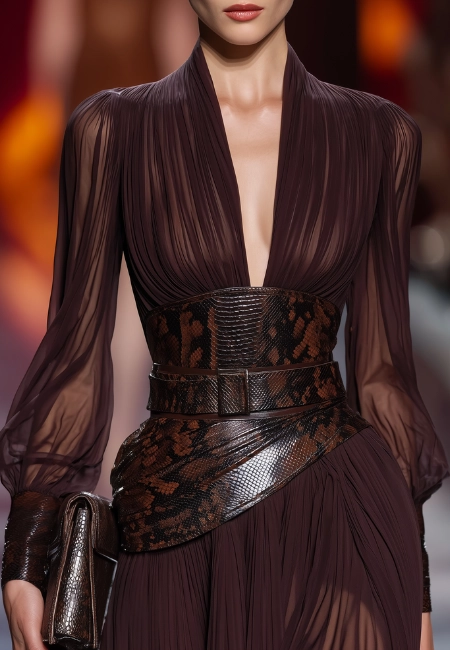 Şifon kahverengi elbise üzerinde kullanılan geniş korse kemer detayı, feminen ve sofistike stil.