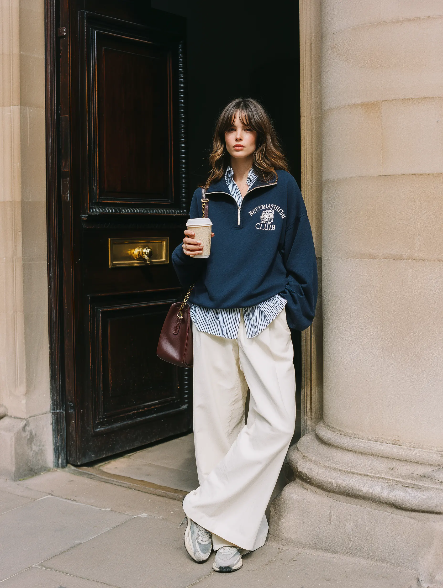 Lacivert oversize sweatshirt üzerine çizgili gömlek katmanlayan model, beyaz geniş paça pantolon ve sneaker ile konfor odaklı bir şehir stili sunuyor; bordo omuz çantası ve kahve bardağı detayı günlük smart casual kombinine dinamik bir dokunuş katıyor.