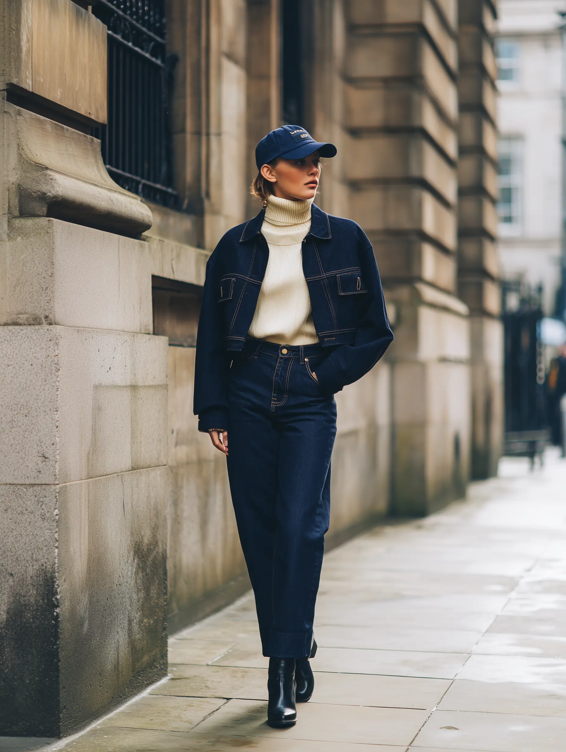 Lacivert denim ceket ve yüksek bel jean pantolonu krem boğazlı kazak ve lacivert şapka ile kombinleyen model, şehir sokaklarında tonal lacivert paleti modern ve rafine bir casual stil yaklaşımıyla yorumluyor.