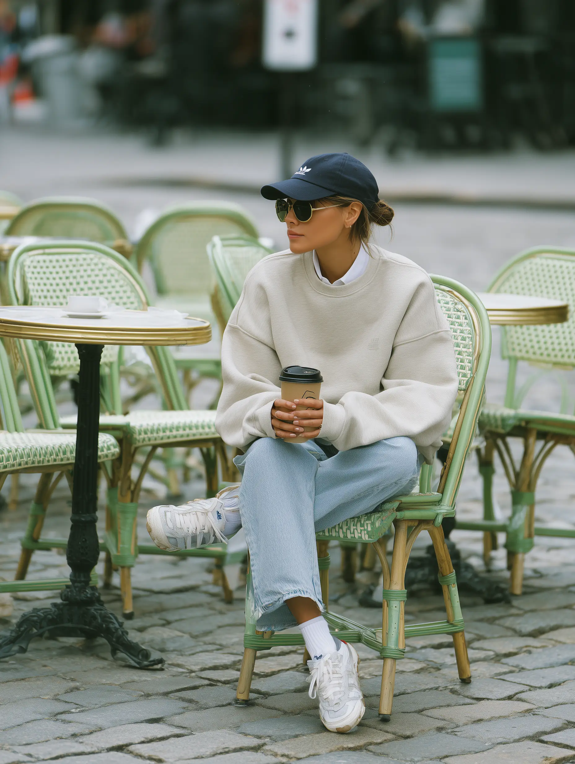 Lacivert şapka ve güneş gözlüğünü gri sweatshirt, açık mavi jean ve beyaz sneaker ile kombinleyen model, açık hava kafesinde lacivertin nötr tonlarla kurduğu dengeli ve zahmetsiz casual stil yaklaşımını yansıtıyor.