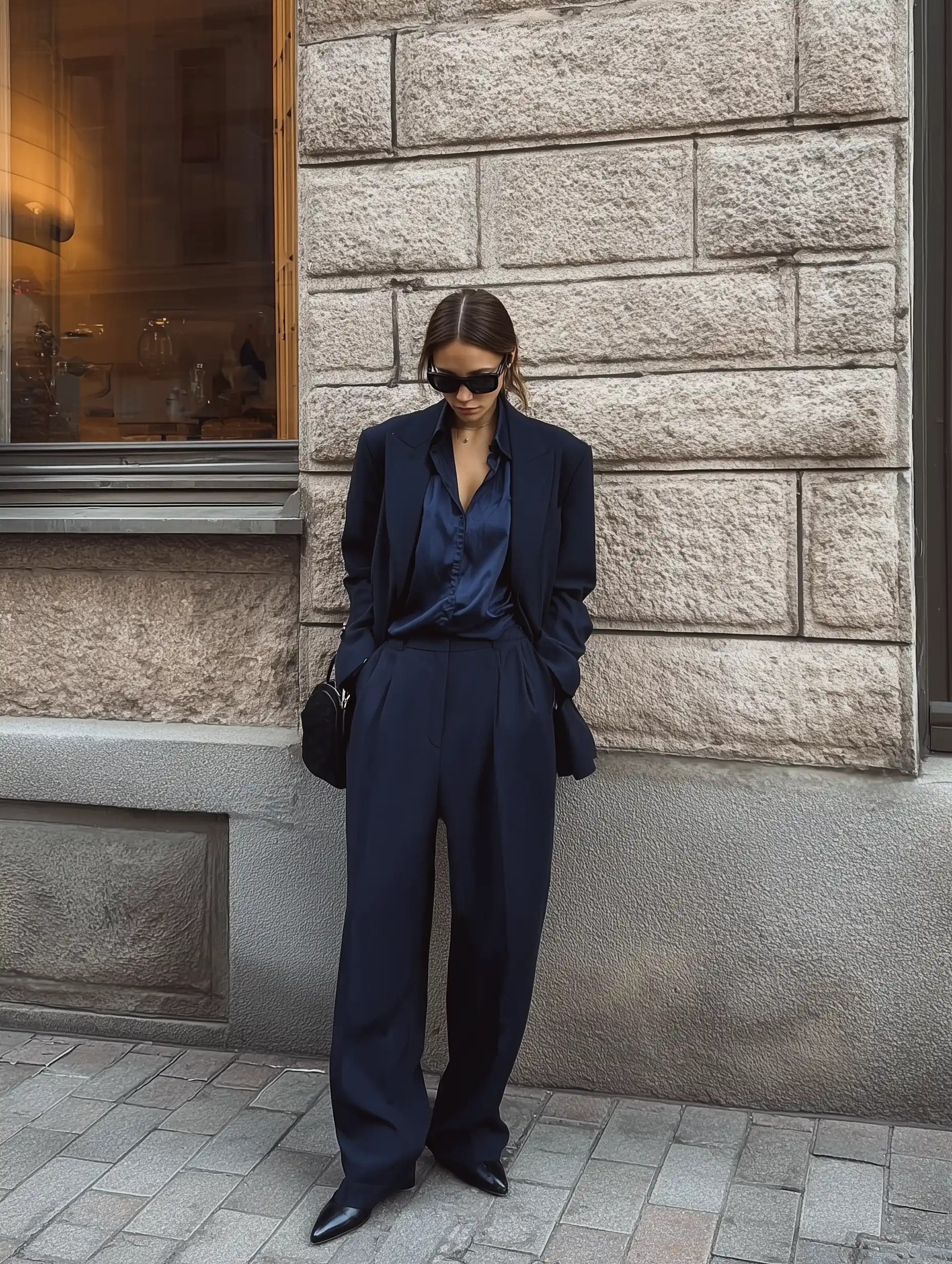Lacivert blazer ceket, ipek dokulu lacivert gömlek ve geniş paça lacivert pantolon kombinleyen model, siyah güneş gözlüğü ve sivri burun ayakkabılarla ton-sur-ton lacivert paletini güçlü bir tailoring siluet ile şehir stiline uyarlıyor.