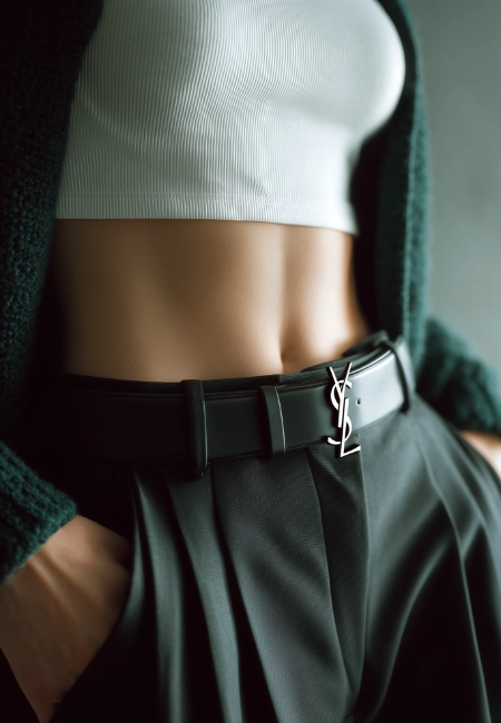 Siyah pantolon ve crop top kombiniyle kullanılan logolu tasarım kemer detayı, lüks sokak modası.