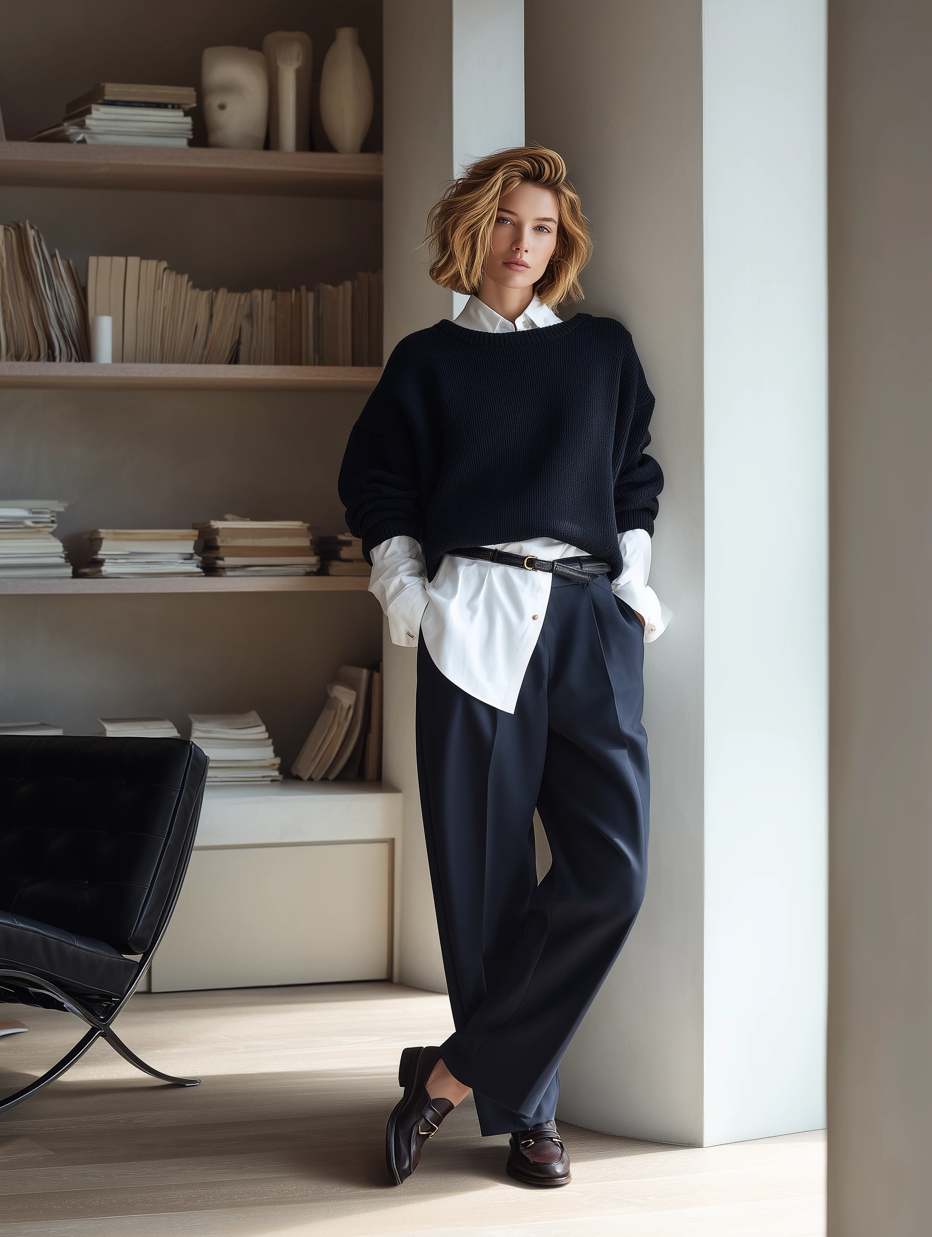 Lacivert oversize triko kazak, beyaz gömlek ve lacivert yüksek bel pantolon katmanını loafer ayakkabılarla tamamlayan model, tonal lacivert paleti ofis stilinde zamansız ve rafine bir smart casual görünümle sunuyor.