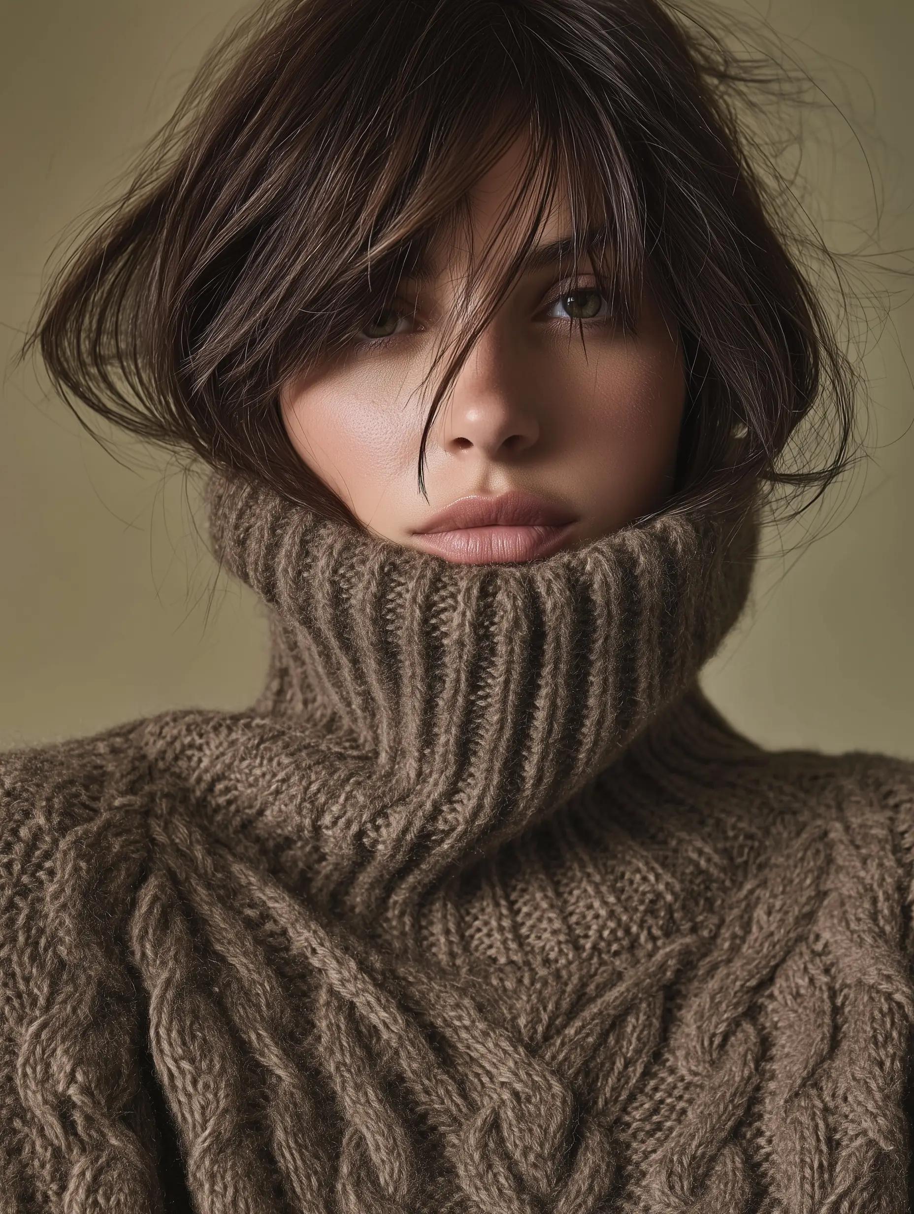 Olsen tuck saç modeliyle kısa kahverengi saçlarını kalın boğazlı kazağın içine alan bir kadın; önden çekimde yüz hatlarını vurgulayan modern görünüm.
