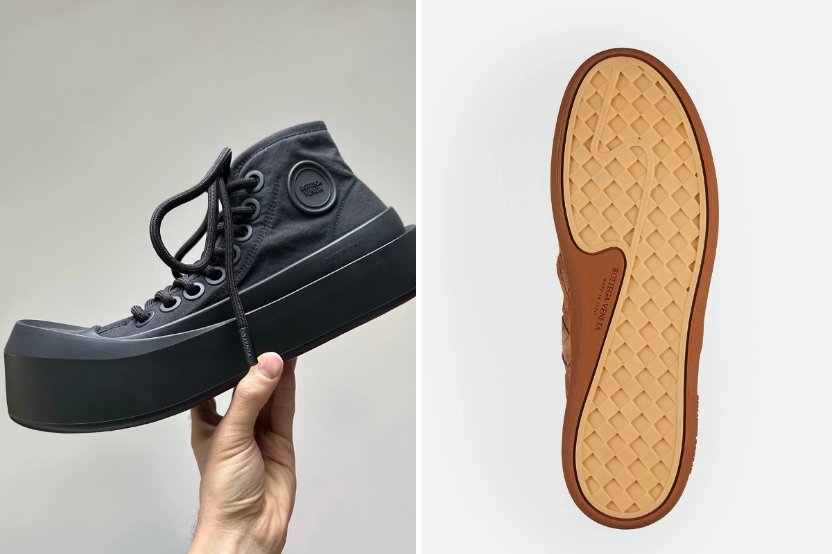 Sol görsel: Kalın tabanlı siyah platform sneaker modeli, elde tutularak çekilmiş modern tasarım ayakkabı detayı. Sağ görsel: Kauçuk dokulu taban yapısına sahip sneaker ayakkabı alt yüzeyi, yakın plan ürün çekimi.