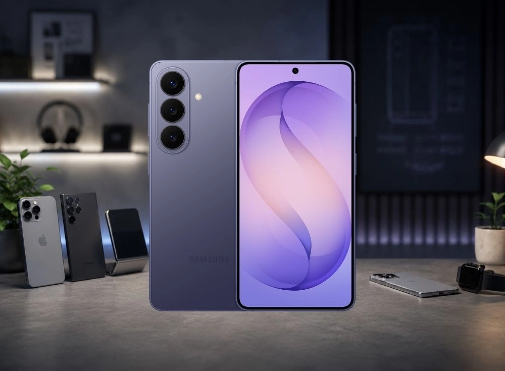 Ön planda duran mor renkli Samsung Galaxy S26 amiral gemisi akıllı telefonun arka yüzündeki üçlü kamera sistemi ve parlak 6.3 inç AMOLED ekranındaki mor tonlu dalgalı arayüzü, masa üzerindeki diğer teknolojik cihazlar arasında modern ve şık bir görünüm sergiliyor.